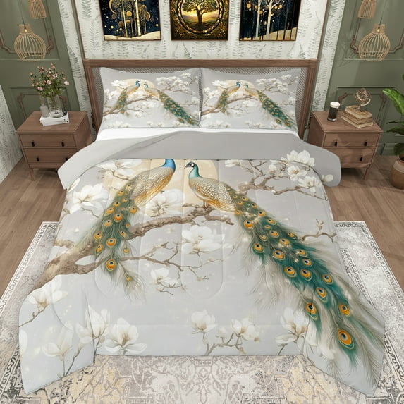 Feelyou Couple Peacock Animal Full Size Comforter Sets, White Flower Floral Bedding Comforter Set, Modern Chinese Style Reversible Bedding Sets, Lightweight Room Decor, 3 Pieces