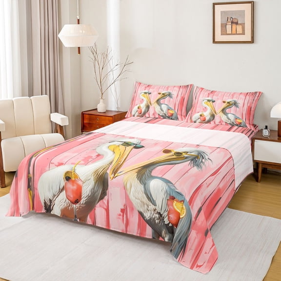 Feelyou Couple Pelicans Animal Bed Sheets, Rustic Cabin King Sheets, 4 Pieces