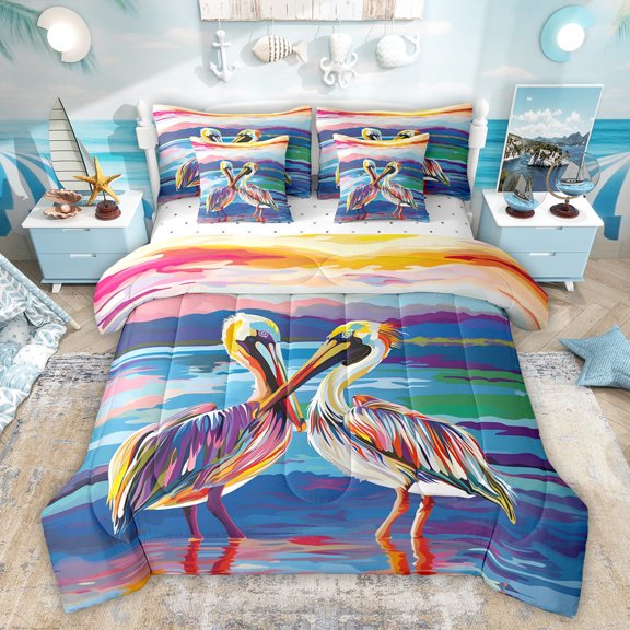 Feelyou Couple Pelicans Bedding Comforter Set 7pcs, Retro Oil Printing Queen Bedding Sets