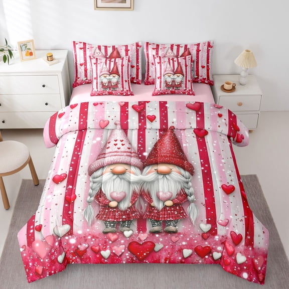 Feelyou Couple Romantic Gnome Twin Bedding Sets 7pcs, Red Love Heart Bedding Comforter Set