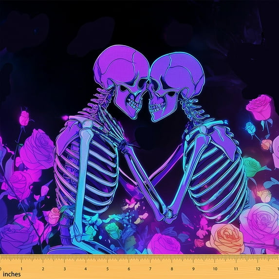 Feelyou Couple Skeleton Skull Fabric by the Yard 5 Yards for Lover, Romantic Gothic Room Decor Fabric by the Yard, Neon Purple Rose Fabric for Sewing, Luxury Bedroom Decor