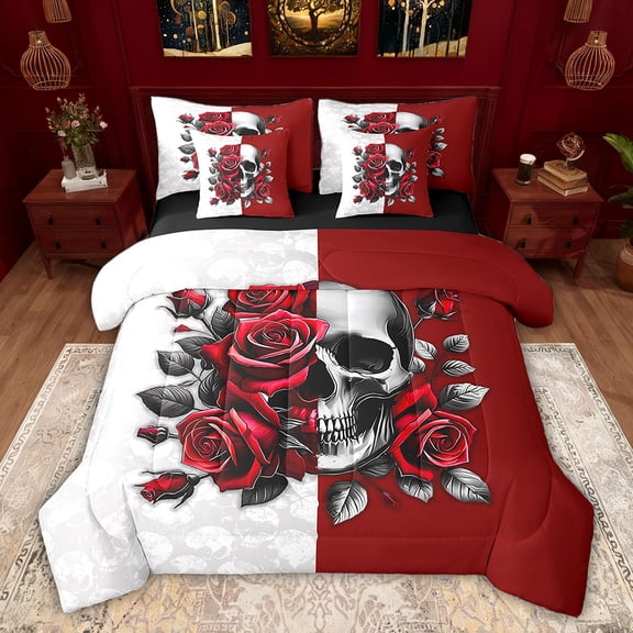 Feelyou Couple Skeleton Skull Twin Bedding Sets 7-Piece, Anniversary Red Rose Bedding Comforter Set, Gothic Romantic Theme Reversible Sheet Sets, Luxury Bedroom Decor