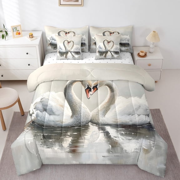 Feelyou Couple White Swan Twin Bedding Sets 7-Piece, Valentines Day Animal Bedding Comforter Set, Oil Printing Art Reversible Sheet Sets, Lightweight Room Decor