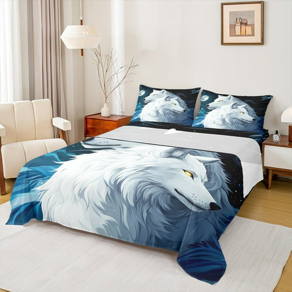 Feelyou Couple White Wolf Twin Sheet Sets, Mystic Starry Sky Twin Fitted Sheet, Woodland Wildlife Flat Sheet, Ultra Soft Home Decor,3 Pieces
