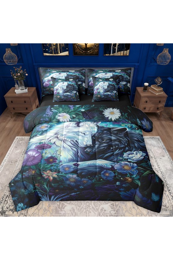 Couple Wolf Animal Bedding Comforter Set 7pcs, Kawaii Jungle Animal King Bedding Sets, Rustic Groovy Flower Reversible Bed Sheets, Lightweight Room Decor