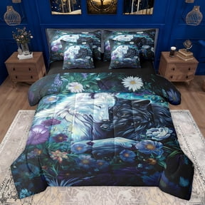 Feelyou Couple Wolf Animal Bedding Comforter Set 7pcs, Kawaii Jungle Animal Queen Bedding Sets, Rustic Groovy Flower Reversible Queen Sheet Sets, Lightweight Room Decor