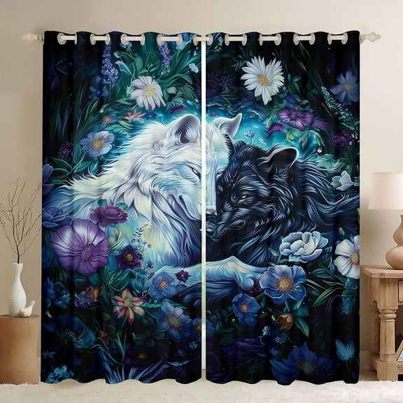 Feelyou Couple Wolf Animal Black Out Curtains, Kawaii Jungle Animal Curtains Pack of 2 (42x63 Each), Rustic Groovy Flower Bedroom Curtains, Window Curtains Decor