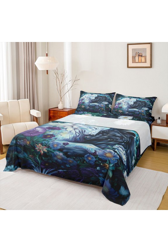 Couple Wolf 3pcs Twin Sheet Set, Kawaii Jungle Animal Rustic Groovy Flower Bedding