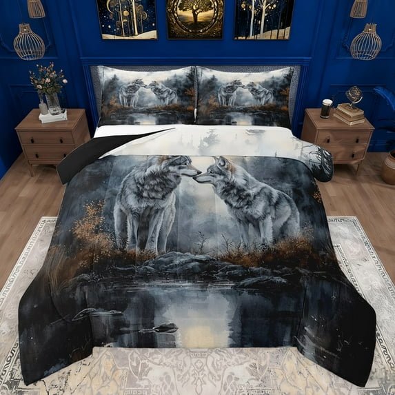 Feelyou Couple Wolf Wildlife Full Size Comforter Sets, Rustic Farmhouse Lake Bedding Comforter Set, Western Jungle Animal Reversible Bedding Sets, Super Cozy Room Decor, 3-Piece