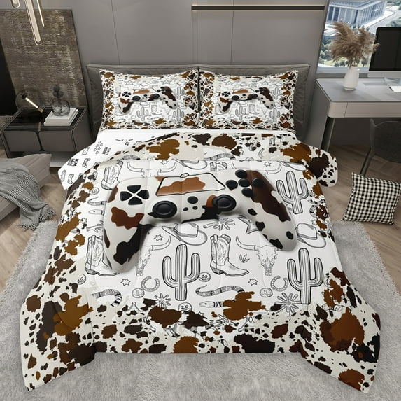 Feelyou Cow Print Gamepad Bedding Comforter Set, Hippie Western Cactus Twin Comforter Sets, Tribal Cowgirl Cowboy Reversible Bedding Set, Lightweight Room Decor, 2 Pieces