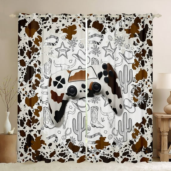 Feelyou Cow Print Gamepad Black Out Curtains, Hippie Western Cactus Curtains Pack of 2 (42x63 Each), Tribal Cowgirl Cowboy Bedroom Curtains, Window Curtains Decor