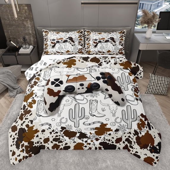 Feelyou Cow Print Gamepad Full Size Comforter Sets, Hippie Western Cactus Bedding Comforter Set, Tribal Cowgirl Cowboy Reversible Bedding Sets, Lightweight Room Decor, 3 Pieces