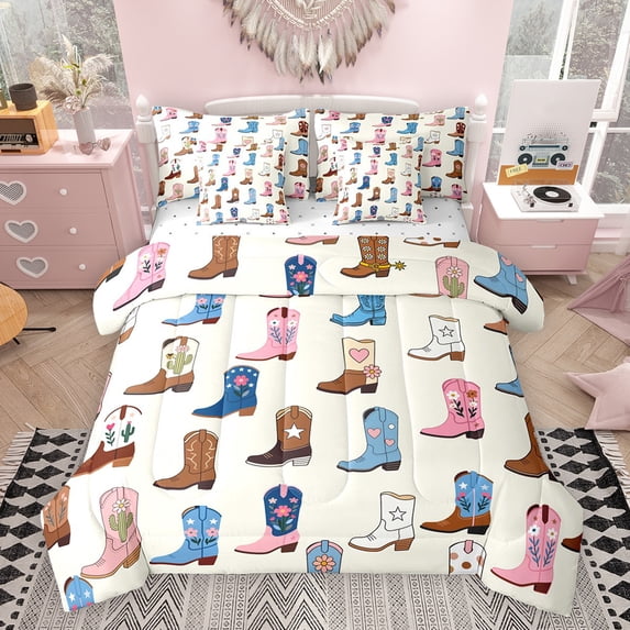 Feelyou Cowboy Boot Bedding Comforter Set 7pcs, Cartoon Bohemian Style King Bedding Sets