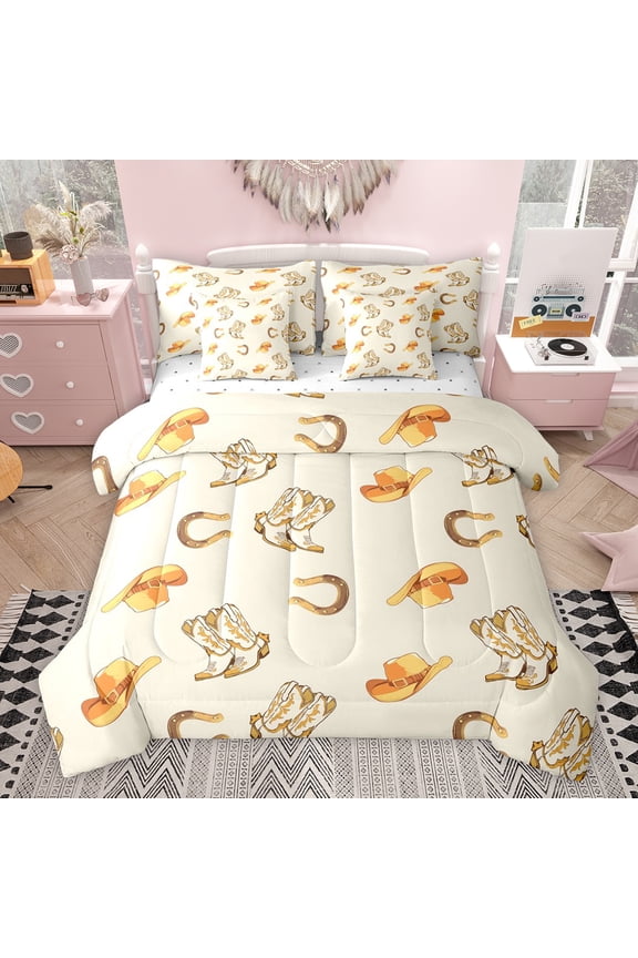Cowboy Cowgirl Boot Twin Bedding Sets 7-Piece, Western Horse Shoes Bedding Comforter Set, Hippie Tribal Style Reversible Sheet Sets, Luxury Bedroom Decor