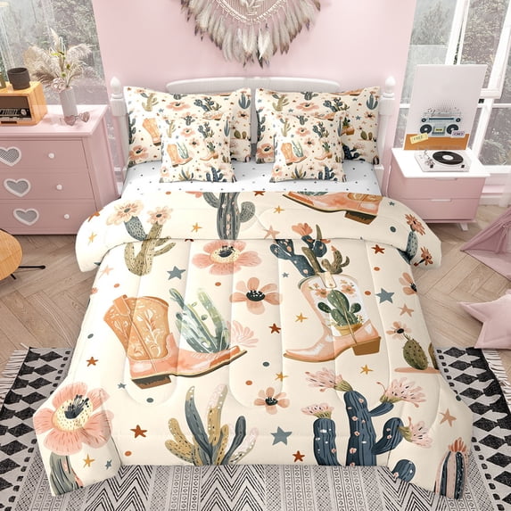 Feelyou Cowgirl Boot Bedding Comforter Set 7pcs, Cactus Flower Stars Full Bedding Set