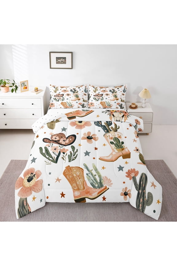 Cowgirl Boot Full Size Comforter Sets, Cactus Flower Stars Bedding Sets, 3pcs