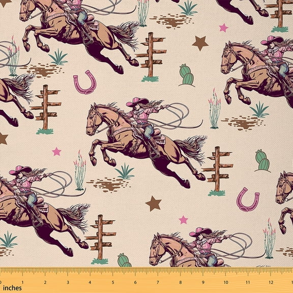 Feelyou Cowgirl Cowboy Fabric by the Yard 2 Yards for Kids, Rustic Horse Animal Room Decor Fabric by the Yard, Western Cactus Plant Fabric for Sewing, Super Cozy Room Decor
