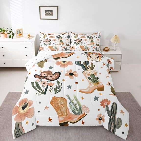 Feelyou Cowgirl Cowboy Queen Comforter Set, Cactus Flower Bedding Comforter Set, 3pcs