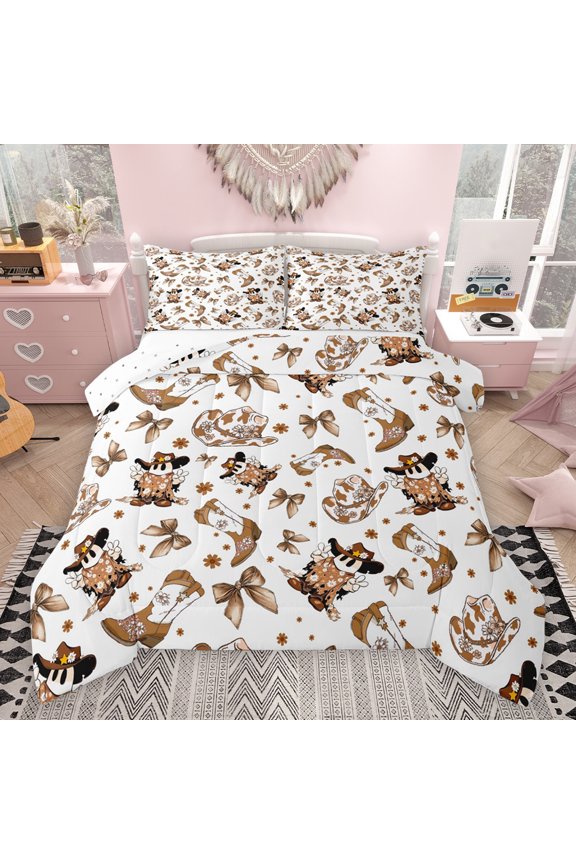 Cowgirl Hat Boot Bedding Comforter Set for Kids, Kawaii Princess Ribbon Bow Twin Comforter Sets, Cartoon Flower Reversible Bedding Set, Ultra Soft Bedroom Decor, 2 Pieces