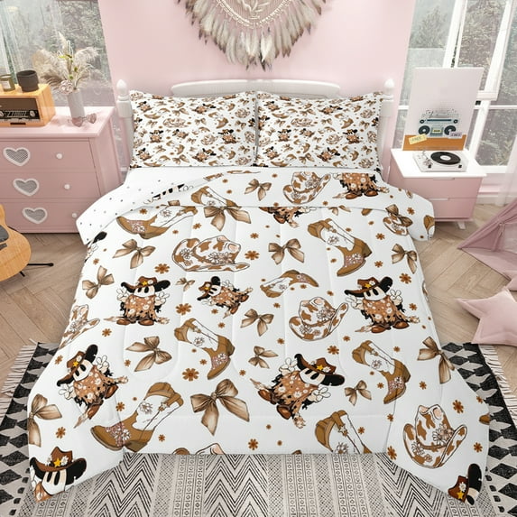 Feelyou Cowgirl Hat Boot Bedding Comforter Set for Kids, Kawaii Princess Ribbon Bow Twin Comforter Sets, Cartoon Flower Reversible Bedding Set, Ultra Soft Bedroom Decor, 2 Pieces
