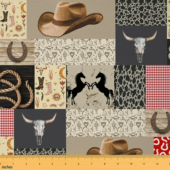 Feelyou Cowgirl Hat Fabric by the Yard 10 Yards for Kids, Horse Sheep Skeleton Home Decor Fabric by the Yard, Rustic Patchwork Sewing Fabric, Luxury Bedroom Decor