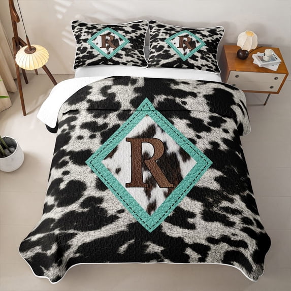 Feelyou Cowhide R Letter Twin Quilt Set for Women Girls, Western Farmhouse Style Twin Coverlet Set, Turquoise Brown, 2-Piece