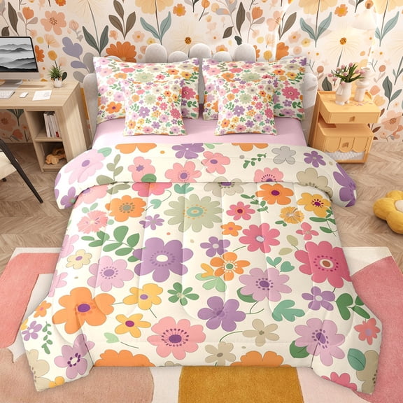 Feelyou Cream Orange Floral Bedding Comforter Set 7pcs, Boho Blossoms Flower Queen Bedding Sets, Spring Plant Botanical Reversible Queen Sheet Sets, Luxury Bedroom Decor