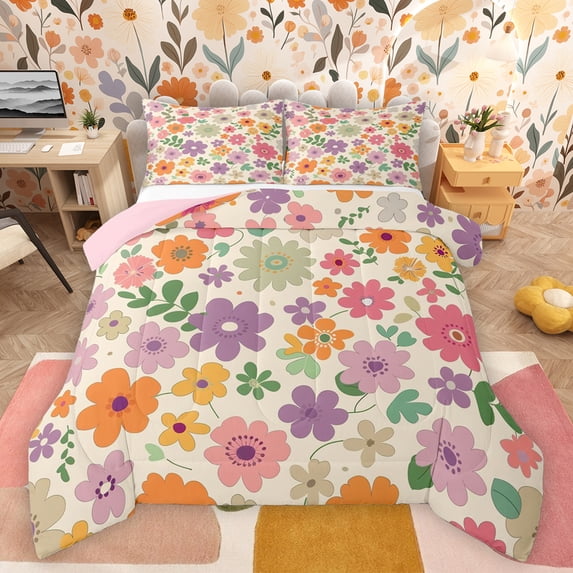 Feelyou Cream Orange Floral Queen Comforter Set, Boho Blossoms Flower ...