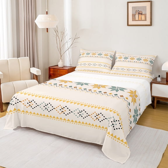 Feelyou Cream Triangle Aztec Bed Sheets, Boho Rustic Farmhouse King Sheets, Western Fashion Abstract Sheet Set, Luxury Bedroom Decor, 4 Pieces