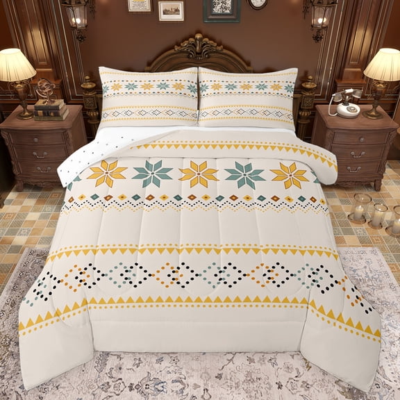 Feelyou Cream Triangle Aztec Queen Comforter Set, Boho Rustic Farmhouse Bedding Sets, Western Fashion Abstract Reversible Bedding Comforter Set, Luxury Bedroom Decor, 3 Pieces