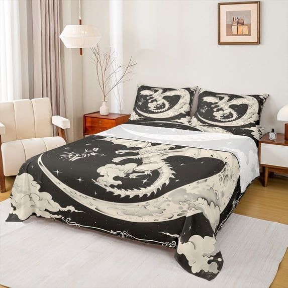 Feelyou Crescent Moon Dragon Full Size Sheets for Men Women Kids, Star Cloud Vintage Wildlife Bed Sheets, Black Cream, 4pcs
