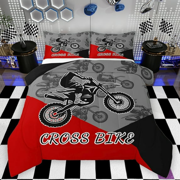 Feelyou Cross Bike Lover Bedding Comforter Set for Child, Motorcycle Speed Sport Twin Comforter Sets, Gray Red Cartoon Reversible Bedding Set, Breathable Home Decor, 2-Piece