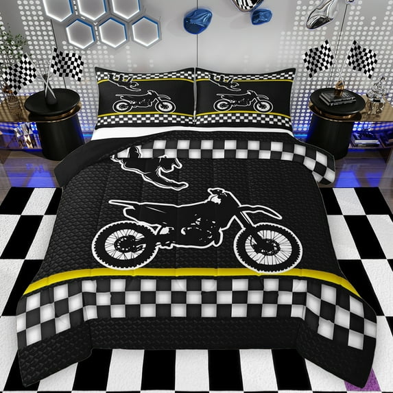 Feelyou Cross Bike Lover Full Size Comforter Sets for Child, Motorcycle Speed Sport Bedding Comforter Set, Black Yellow Cartoon Reversible Bedding Sets, Lightweight Room Decor, 3-Piece