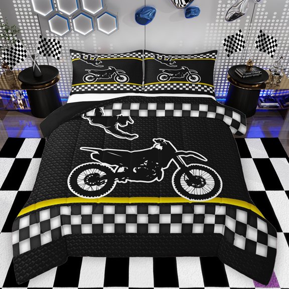 Feelyou Cross Bike Lover Queen Comforter Set for Child, Motorcycle Speed Sport Bedding Sets, Black Yellow Cartoon Reversible Bedding Comforter Set, Lightweight Room Decor, 3-Piece
