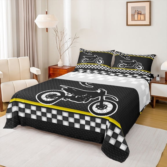 Feelyou Cross Bike Lover Queen Sheet Sets for Child, Motorcycle Speed Sport Flat Sheet, Black Yellow Cartoon Queen Fitted Sheet, Lightweight Room Decor, 4-Piece