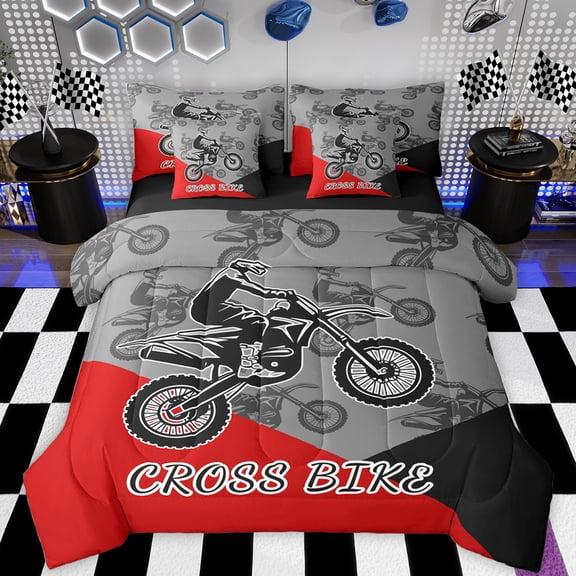 Feelyou Cross Bike Lover Twin Bedding Sets 7-Piece for Child, Motorcycle Speed Sport Bedding Comforter Set, Gray Red Cartoon Reversible Sheet Sets, Breathable Home Decor