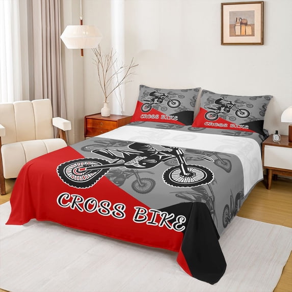 Feelyou Cross Bike Lover Twin Sheet Sets for Child, Motorcycle Speed Sport Twin Fitted Sheet, Gray Red Cartoon Flat Sheet, Breathable Home Decor, 3-Piece