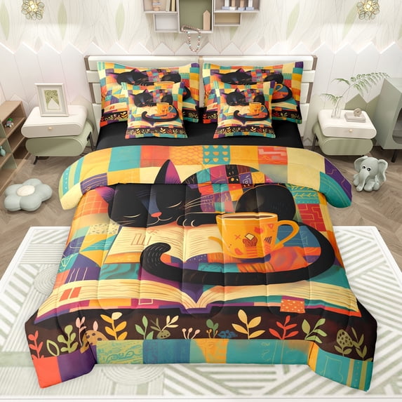 Feelyou Cute Anime Cat Bedding Comforter Set 7pcs for Kids, Hippie Kitten Animal King Bedding Sets, Retro Leaf Botanical Reversible Bed Sheets, Microfiber Bedroom Decor