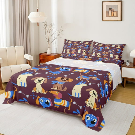 Feelyou Cute Anime Dog Bed Sheets, Funny Pug Dalmatian King Sheets, Teens Kids Boys Girls Sheet Set, Ultra Soft Bedroom Decor, 4 Pieces