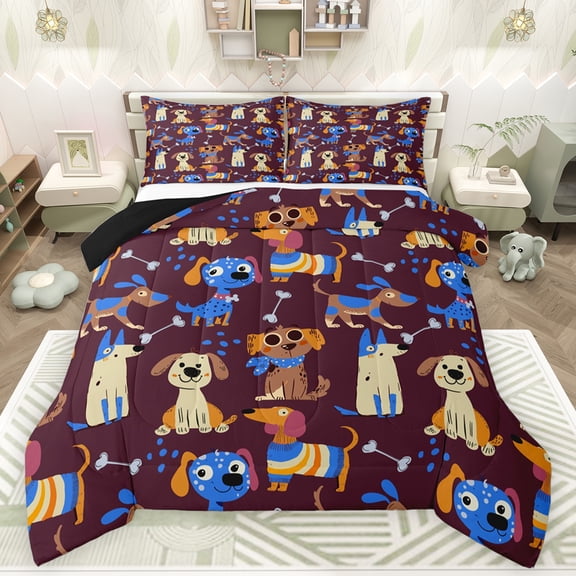 Feelyou Cute Anime Dog Bedding Comforter Set, Funny Pug Dalmatian Twin Comforter Sets, Teens Kids Boys Girls Reversible Bedding Set, Ultra Soft Bedroom Decor, 2 Pieces