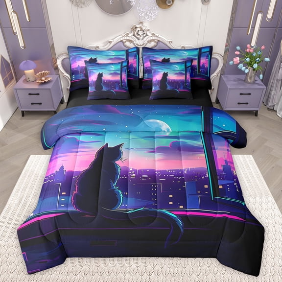 Feelyou Cute Anime Kitten Twin Bedding Sets 7-Piece Child, Cartoon Cat Lover Bedding Comforter Set, Kawaii Animal Style Reversible Sheet Sets, Breathable Home Decor