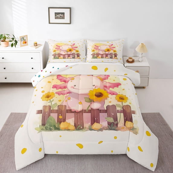 Feelyou Cute Axolotl Animal Queen Comforter Set, Rustic Sunflower Bedding Set, 3pcs
