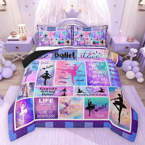 Feelyou Cute Ballet Dance Twin Comforter Sets, Purple Patchwork Plaid Bedding Set, 2pcs