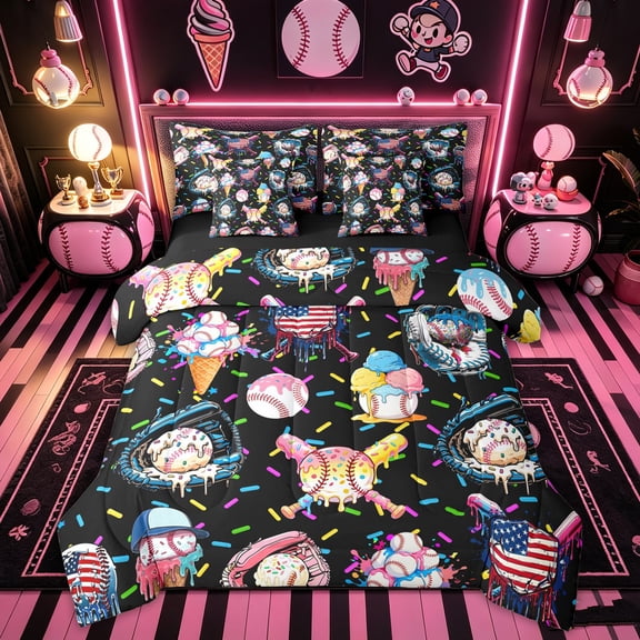 Feelyou Cute Baseball US Flag Twin Bedding for Kids, Sprinkle Ice Cream Drip Bedding Comforter Set, Black Reversible, 7pcs