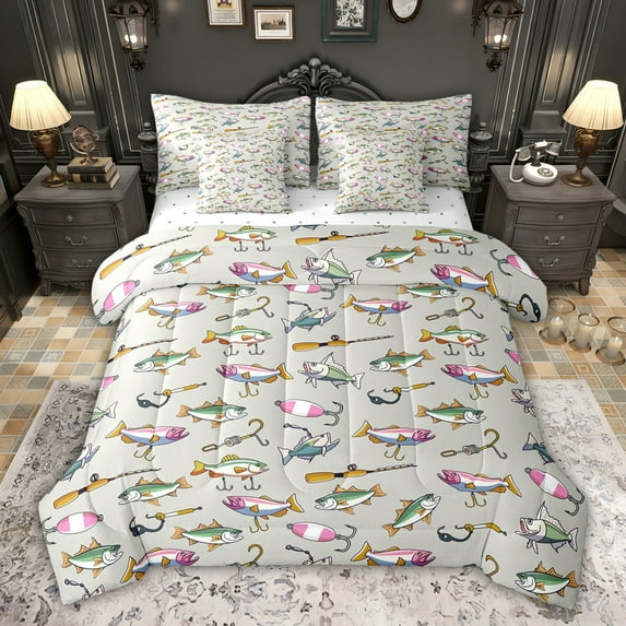 Feelyou Cute Bass Fish Bedding Comforter Set 7pcs for Child, Kawaii Farm Animal King Bedding Sets, Cartoon Fishing Theme Reversible Bed Sheets, Breathable Home Decor
