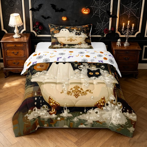 Feelyou Cute Bathtub Ghost Twin Comforter Sets, Boho Floral Black Cat Bedding Set, Dark Green, Halloween Reversible, 2-Piece, 1 Comforter and 2 Pillowcases