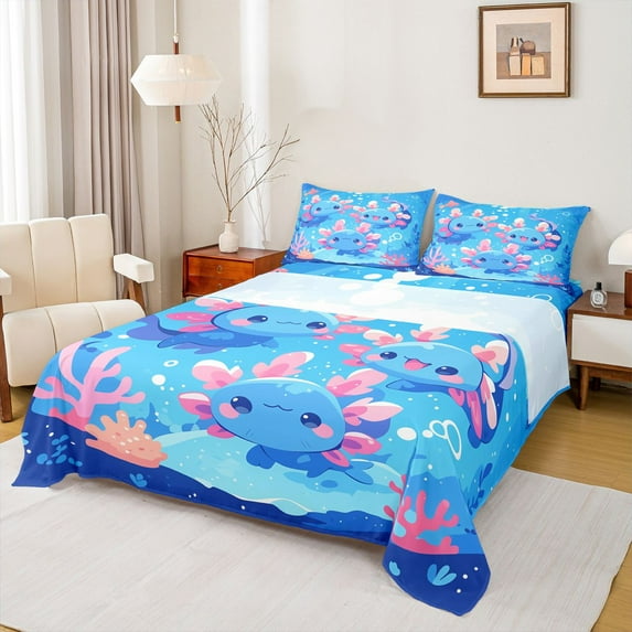 Feelyou Cute Blue Axolotl Bed Sheets, Underwater World Kid King Sheets, 4-Piece