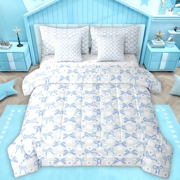 Feelyou Cute Blue Ribbon Bedding Comforter Set 7 Pieces for Kids, Fashion Buffalo Plaid Full Bedding Set, Romantic Love Heart Reversible Fitted Sheet Flat Sheet, Luxury Bedroom Decor