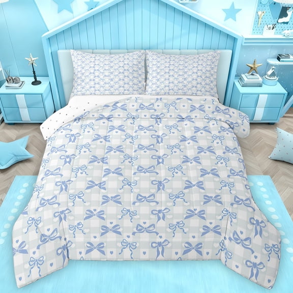 Feelyou Cute Blue Ribbon Bedding Comforter Set for Kids, Fashion Buffalo Plaid Twin Comforter Sets, 2 Pieces
