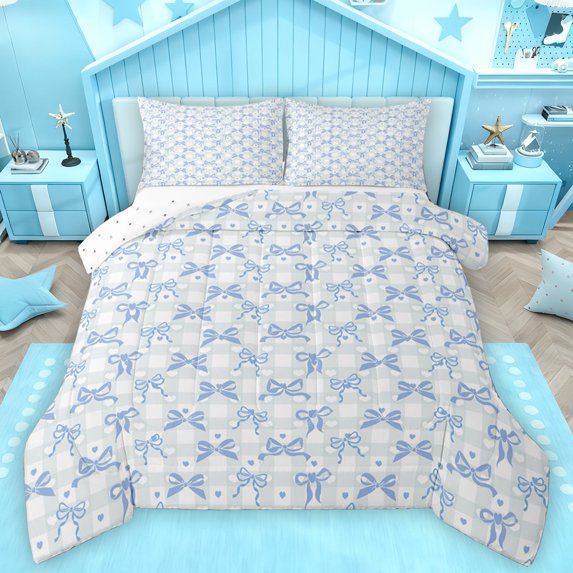 Feelyou Cute Blue Ribbon Queen Comforter Set for Kids, Fashion Buffalo Plaid Bedding Sets, Romantic Love Heart Reversible Bedding Comforter Set, Luxury Bedroom Decor, 3 Pieces